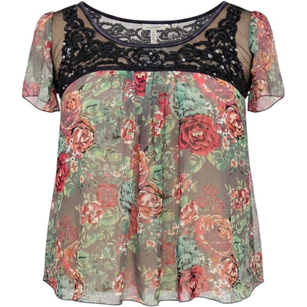 Floral Chiffon Blouse Black Sequin Mesh Short Sleeve Boho Top Womens Whimsigoth